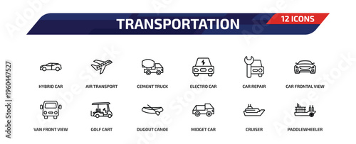 transportation outline icon set. 12 linear vector for ui, web and mobile. thin line hybrid car, air transport, cement truck and more icons.
