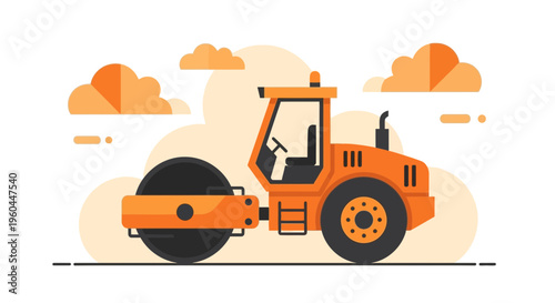 Orange Road Roller Machine Illustration With Abstract Clouds