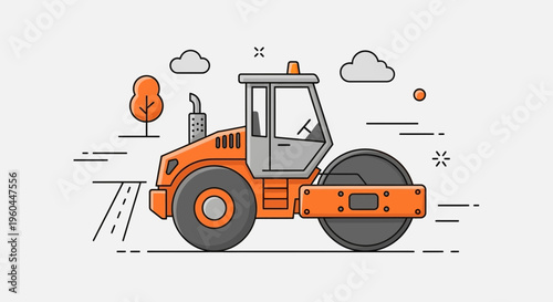 Orange Road Roller Machine With Stylized Road And Trees Background