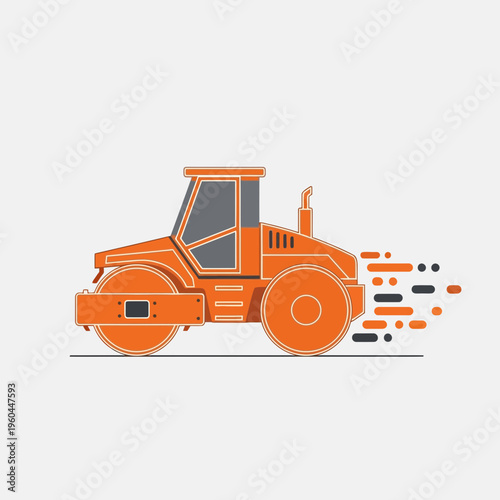 Orange Road Roller Machine Working On Construction Site Flat Design