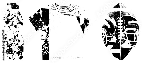 Stylized apparel and sports gear with fragmented stencil art, urban streetwear aesthetic, graphic tee, water bottle, American football, high contrast vector cutouts.