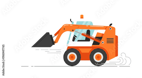 Orange Skid Steer Loader Machine In Motion Flat Design Style