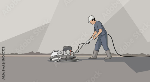 Professional Builder Smoothing Concrete Surface With Power Trowel Machine Construction Industry