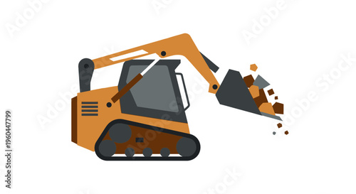 Orange Skid Steer Loader Moving Dirt And Rocks Construction Machine