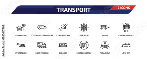 transport outline icon set. 12 linear vector for ui, web and mobile. thin line car parking, eco-friendly transport, flying airplane and more icons.