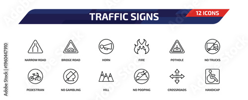 traffic signs outline icon set. 12 linear vector for ui, web and mobile. thin line narrow road, bridge road, horn and more icons.