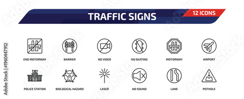 traffic signs outline icon set. 12 linear vector for ui, web and mobile. thin line end motorway, barrier, no video and more icons.