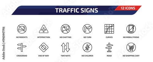 traffic signs outline icon set. 12 linear vector for ui, web and mobile. thin line no rodents, intersection, no chatting and more icons.