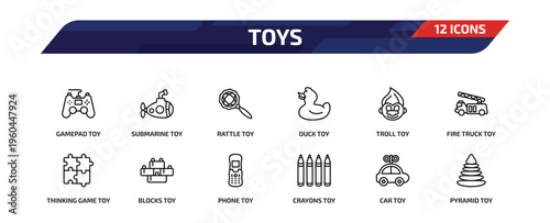 toys outline icon set. 12 linear vector for ui, web and mobile. thin line gamepad toy, submarine toy, rattle toy and more icons.