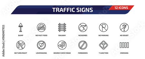 traffic signs outline icon set. 12 linear vector for ui, web and mobile. thin line bump, no fast food, railway and more icons.