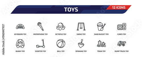 toys outline icon set. 12 linear vector for ui, web and mobile. thin line keyboard toy, microphone toy, octopus toy and more icons.