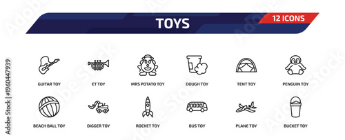 toys outline icon set. 12 linear vector for ui, web and mobile. thin line guitar toy, et toy, mrs potato toy and more icons.