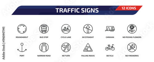 traffic signs outline icon set. 12 linear vector for ui, web and mobile. thin line roundabout, bus stop, cycle lane and more icons.