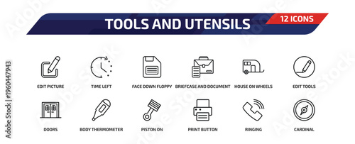 tools and utensils outline icon set. 12 linear vector for ui, web and mobile. thin line edit picture, time left, face down floppy disk and more icons.