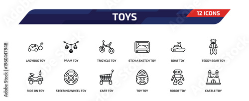 toys outline icon set. 12 linear vector for ui, web and mobile. thin line ladybug toy, pram toy, tricycle toy and more icons.