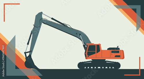 Orange Excavator Machine With Industrial Construction Graphic Elements