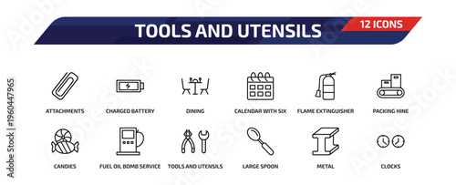 tools and utensils outline icon set. 12 linear vector for ui, web and mobile. thin line attachments, charged battery, dining and more icons.