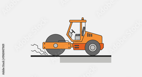 Orange Steamroller Compacting Asphalt On Road Construction Site