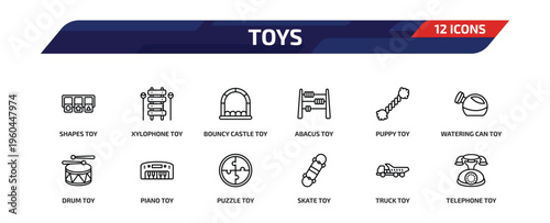 toys outline icon set. 12 linear vector for ui, web and mobile. thin line shapes toy, xylophone toy, bouncy castle toy and more icons.