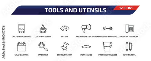 tools and utensils outline icon set. 12 linear vector for ui, web and mobile. thin line daily specials board, cup of hot coffee, optical and more icons.