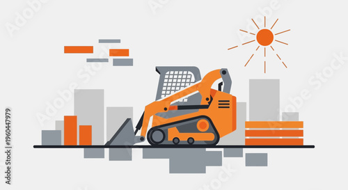 Orange Skid Steer Loader Working On Construction Site During Sunny Day