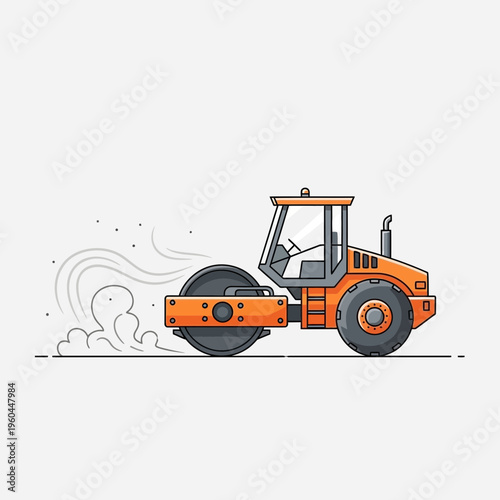 Orange Steamroller Compacting Ground On Clean White Background Vector Illustration