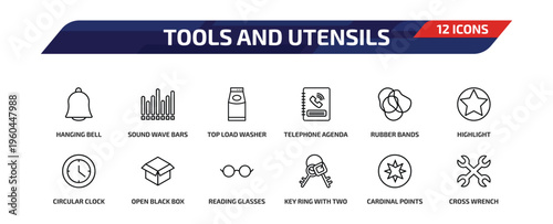 tools and utensils outline icon set. 12 linear vector for ui, web and mobile. thin line hanging bell, sound wave bars, top load washer and more icons.