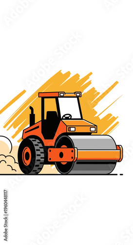 Orange Steamroller Machine Compacting Ground with Dust Cloud