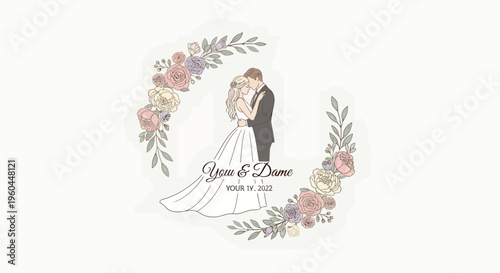 Elegant Wedding Couple Embracing in Floral Wreath Illustration.