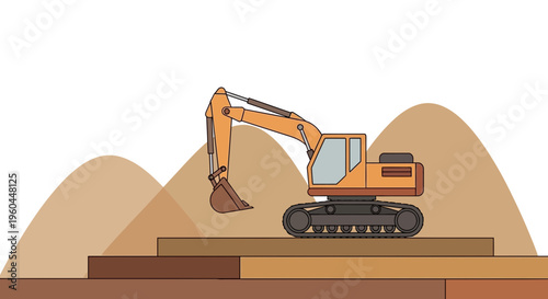 Orange Excavator Machine Working on Construction Site with Dirt Piles