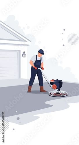 Professional Floor Polisher Working On Outdoor Paved Surface Near Garage