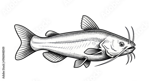 Hand-drawn Catfish Illustration, Vintage Style Fish Sketch on White Background