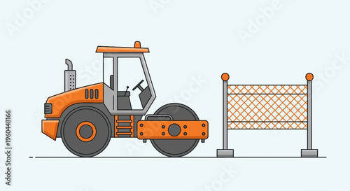 Orange Steamroller Machine For Road Construction And Safety Barrier