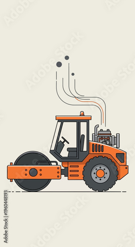 Orange Steamroller Machine Working on Road Construction Project Flat Design