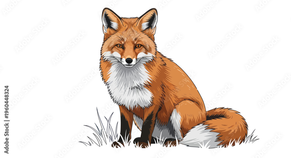 Fototapeta premium Alert Fox Sitting in Grass Isolated on White Background