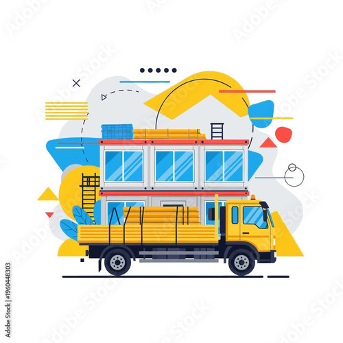 Modular Building Transported By Flatbed Truck Delivering Construction Materials Safely