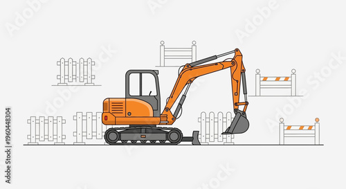 Orange Excavator Working On Construction Site With Fences And Barriers