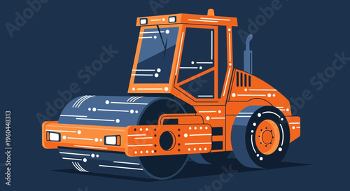 Orange Steamroller With Circuit Board Details On Dark Blue Background
