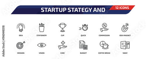 startup stategy and outline icon set. 12 linear vector for ui, web and mobile. thin line idea, stationery, cup and more icons.
