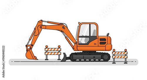 Orange Excavator Working On Road Construction Project With Barriers