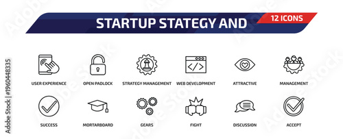startup stategy and outline icon set. 12 linear vector for ui, web and mobile. thin line user experience, open padlock, strategy management and more icons.