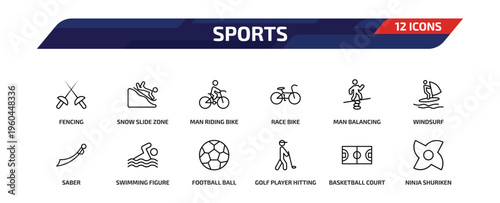 sports outline icon set. 12 linear vector for ui, web and mobile. thin line fencing, snow slide zone, man riding bike and more icons.