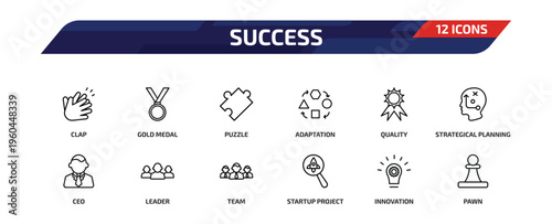 success outline icon set. 12 linear vector for ui, web and mobile. thin line clap, gold medal, puzzle and more icons.