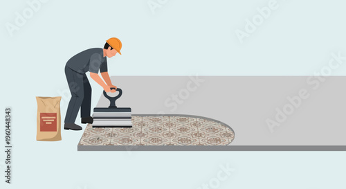 Professional Worker Laying Decorative Tiles With Smoothing Tool