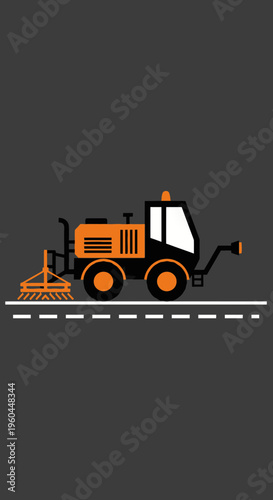 Orange Street Sweeper Machine Cleaning A Road With White Lines
