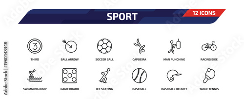 sport outline icon set. 12 linear vector for ui, web and mobile. thin line third, ball arrow, soccer ball and more icons.