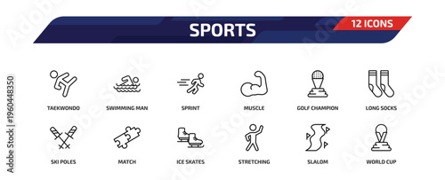sports outline icon set. 12 linear vector for ui, web and mobile. thin line taekwondo, swimming man, sprint and more icons.