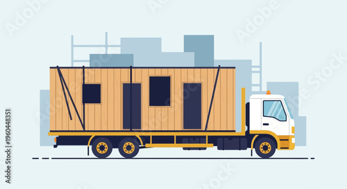 Modular Home Delivery On Flatbed Truck Construction Site Background