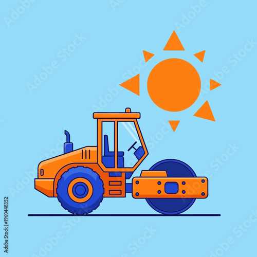 Orange Steamroller Working Under A Bright Sunny Sky Construction Machine Vector Illustration