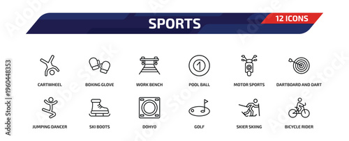 sports outline icon set. 12 linear vector for ui, web and mobile. thin line cartwheel, boxing glove, work bench and more icons.